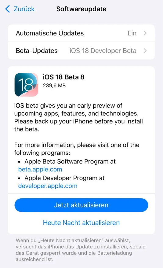 平凉苹果手机维修分享苹果 iOS / iPadOS 18 开发者预览版 Beta 8 发布 